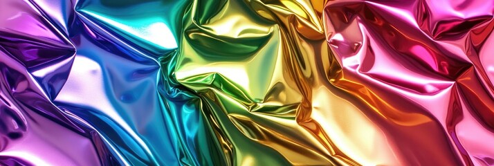 A metallic rainbow foil background, with shiny surfaces reflecting various colors