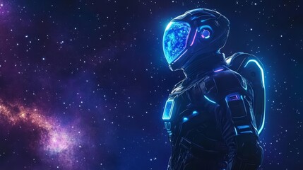 Astronaut in futuristic space suit exploring the cosmos, with a vibrant galaxy backdrop. Suitable for sci-fi themes and space exploration concepts.