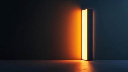 A modern minimalist light fixture emits a warm glow in a dark room, creating a striking contrast between light and shadow.