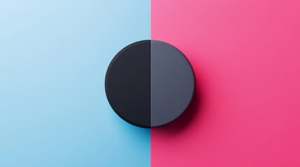 Minimalist flat lay of a black circle on a split background with blue and pink color scheme for modern design concepts.