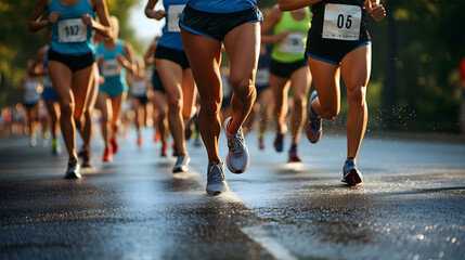 Women runners sprinting competitively on a wet road during a local race in bright athletic outfits and numbered bibs