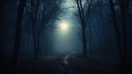 Naklejka premium Moonlit forest path with eerie atmosphere