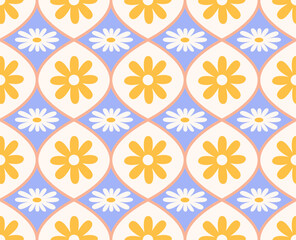 Seamless pattern with geometric hippie flowers. Vector flat background in retro groovy style. Geometric botanical floral ornament