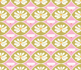 Seamless pattern with geometric hippie flowers. Floral vector flat background in retro groovy style. Geometric botanical ornament with chamomiles