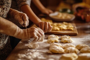 Family members work together in the kitchen, preparing traditional holiday pastries by hand, capturing the warmth and significance of holiday cooking and time-honored recipes.