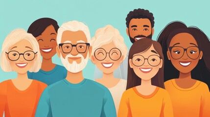 Illustration of diverse group of happy people, young and old, smiling together in unity, wearing glasses and casual clothes.