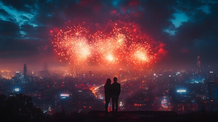 Romantic Couple Enjoying Fireworks Over City Skyline