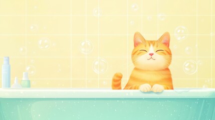Naklejka premium Adorable orange cat enjoys a bubble bath in a bathtub, surrounded by light background. Cute and relaxing scene for pet lovers.