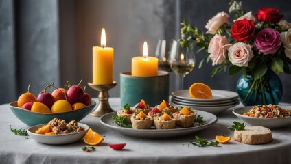 Neatly arranged breakfast table with fruits, nuts, and warm candles