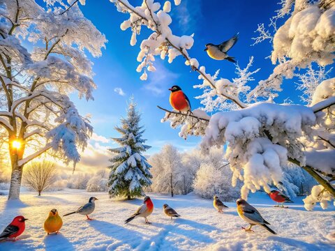 Snowy Scene with Birds Nestled Among White Snow and Frosty Trees in a Winter Wonderland Landscape