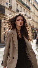 Fototapeta premium A woman with long hair is standing on a street wearing a tan coat