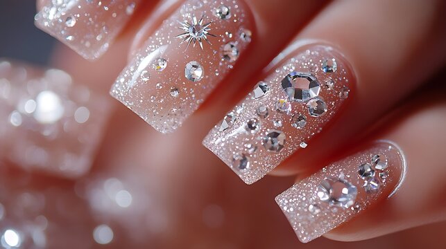 A close-up of nails adorned with delicate clear crystals arranged in a geometric pattern, with silver glitter accentuating the shapes. The glossy nails reflect bright light,
