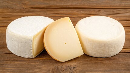 A tempting selection of cheese sits on a rustic wooden table, featuring a half-cut yellow piece, a round cheddar slice, and a small gouda wheel, inviting a culinary exploration