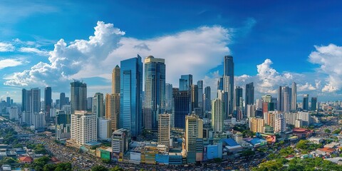 Fototapeta premium A panoramic view of a bustling city skyline with skyscrapers and busy streets.