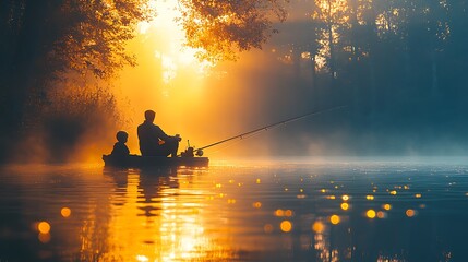 A father and son silhouette fishing in a misty river at sunrise.