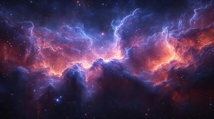 vibrant cosmic nebula with swirling clouds of deep purples and blues twinkling stars scattered across the dark expansive background of deep space