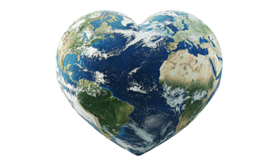 Earth shaped as a heart isolated on transparent background.