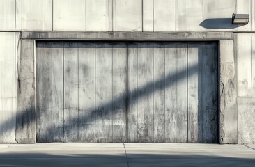 Gray concrete wall with industrial garage door, urban architecture detail