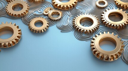 Golden gears on a blue surface, showcasing intricate design and mechanical precision.