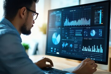 A person analyzing data on a computer screen with graphs and charts.
