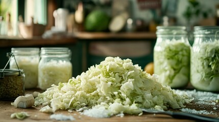 A close up of freshly chopped cabbage with salt, being prepared for fermentation in a rustic kitchen, with sauerkraut jars in the background