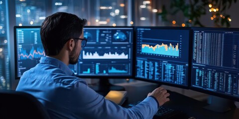 A person analyzing data on multiple monitors in a modern workspace at night.