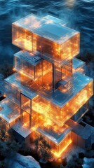 Futuristic 3D Holographic Architectural Designs with Glowing Edges in Isometric View for Text Area | Transparent Structure Concepts