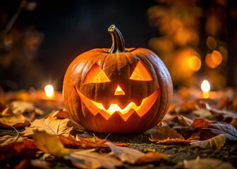 Spooky Halloween Orange Pumpkin with a Carved Face Set Against a Dark Background for Autumn Festivities