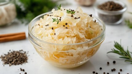 A heap of freshly fermented sauerkraut in a bowl, garnished with caraway seeds, resting on a white marble table surrounded by herbs and spices