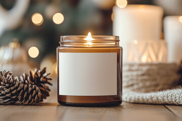 Lit candle in a jar with empty white label with pinecones and cozy fabric on a wooden table, with soft bokeh lights in the background.	