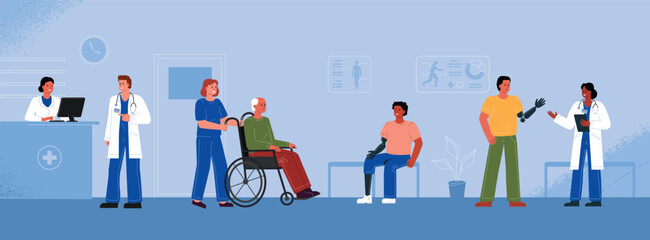 Hospital lobby, orthopedic department with different patients waiting for a doctor's appointment with prostheses and on a wheelchair