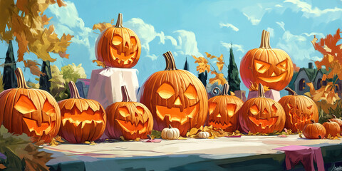 A Pumpkin Carving Contest with various carved pumpkins on display.
