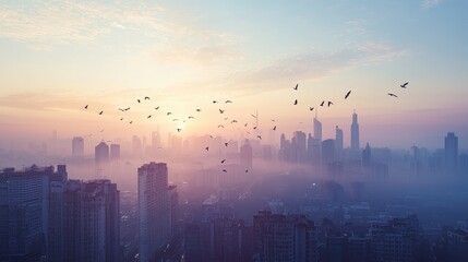 A breathtaking sunrise over a city skyline, with birds soaring amidst a colorful sky and misty buildings.