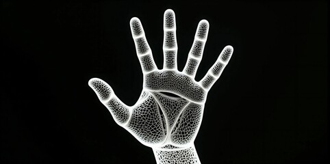 A highly detailed wireframe of a human hand, suspended in a black void, futuristic and digital feel against the deep black background
