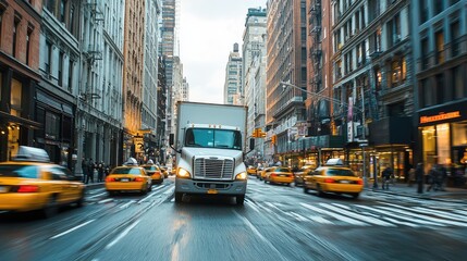 Fototapeta premium A bustling city street scene featuring a delivery truck and yellow taxis amidst towering urban buildings.