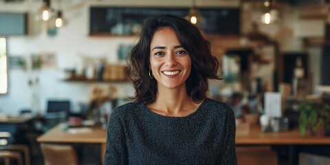 A woman with a black dress and a smile is standing in front of a counter. The scene is set in a restaurant or cafe