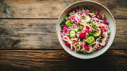 A vibrant sauerkraut salad with pickled cucumbers and radishes, served in a minimalist white bowl on a wooden table