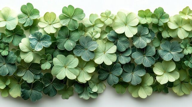 vibrant green clovers scattered artfully on a crisp white background celebrating st patricks day with a touch of whimsy and festive charm perfect for seasonal decor