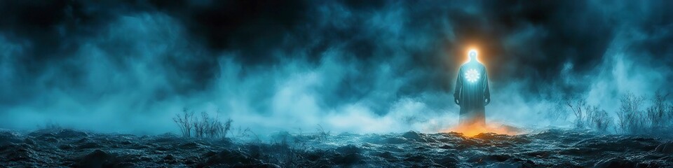 Mystical Figure in a Foggy Landscape