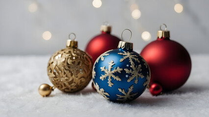 Four Christmas tree decorations with different patterns stand on a light background, a garland flickers behind