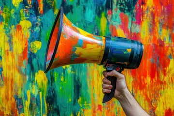 Hand Holding a Vibrant Megaphone Against Colorful Background