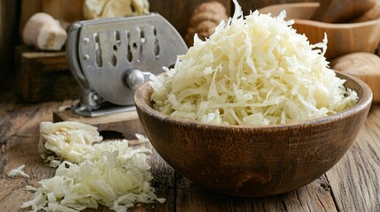 Fresh sauerkraut being prepared, with a cabbage slicer and large bowl of shredded cabbage, set against a rustic farmhouse kitchen