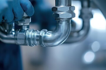 Plumber tightening a pipe with a wrench under a sink, plumbing work, close-up of hands in repair process