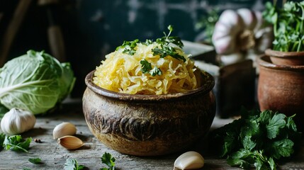 Golden sauerkraut in a large crock, surrounded by fresh herbs, garlic, and cabbage, styled against a farmhouse kitchen background