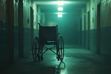 Haunting Abandoned Wheelchair in Dark Corridor