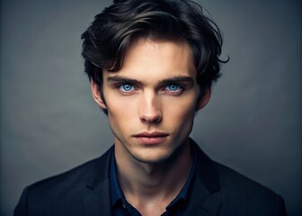 Obraz premium Striking Blue-Eyed Actors with Dark Hair Posing Dramatically Against a Neutral Background