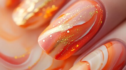 A close-up of nails with watercolor-inspired designs in warm hues of peach, coral, and gold, featuring soft, flowing patterns that mimic the texture of watercolor on paper.