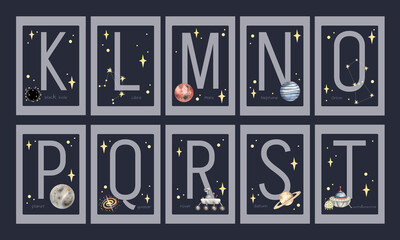 Сards with letters of the English alphabet. Educational cards with hand-drawn watercolor space illustrations. Part 2