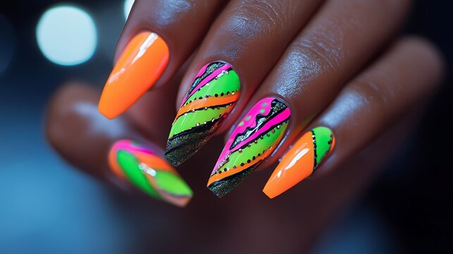 A close-up of neon orange nails with bright green and pink accents, featuring sharp zigzag patterns and contrasting lines. The nails have a glossy finish,
