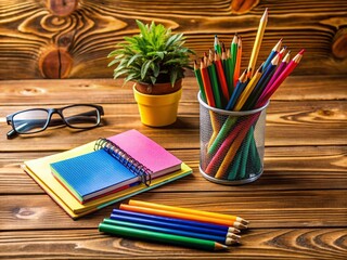 Study materials and preparation tools for standardized tests on a wooden desk background